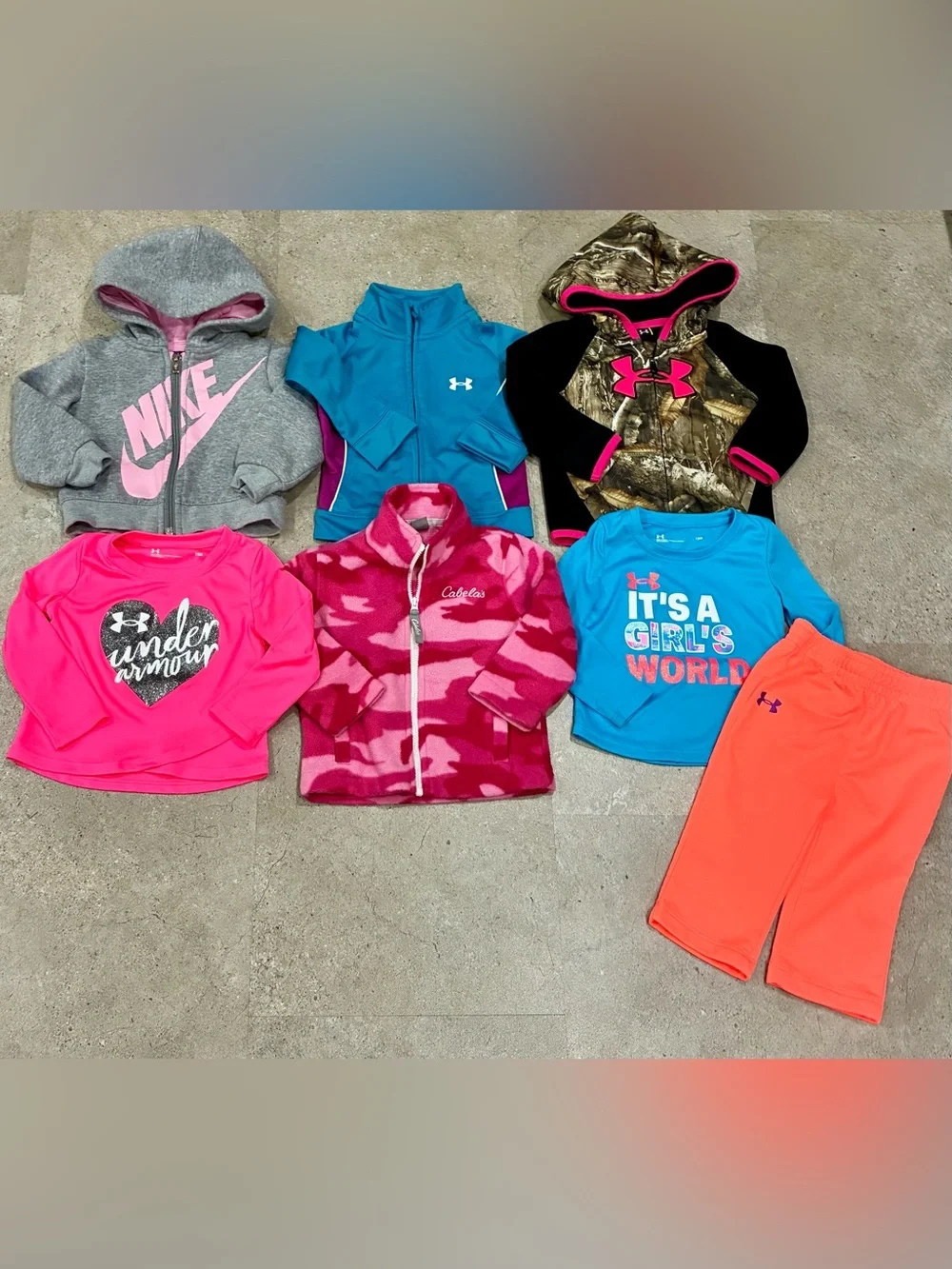 Girls UNDER ARMOUR/NIKE/CABELA’S Oufit…Jackets & Sweatshirt Lot, sz 12 & 18 mo.